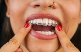 Closeup of patient putting on clear aligner