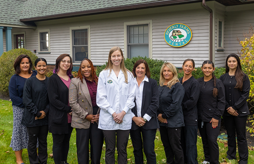 Beverly dentist and dental team members smiling outside of Beverly Farms Dental